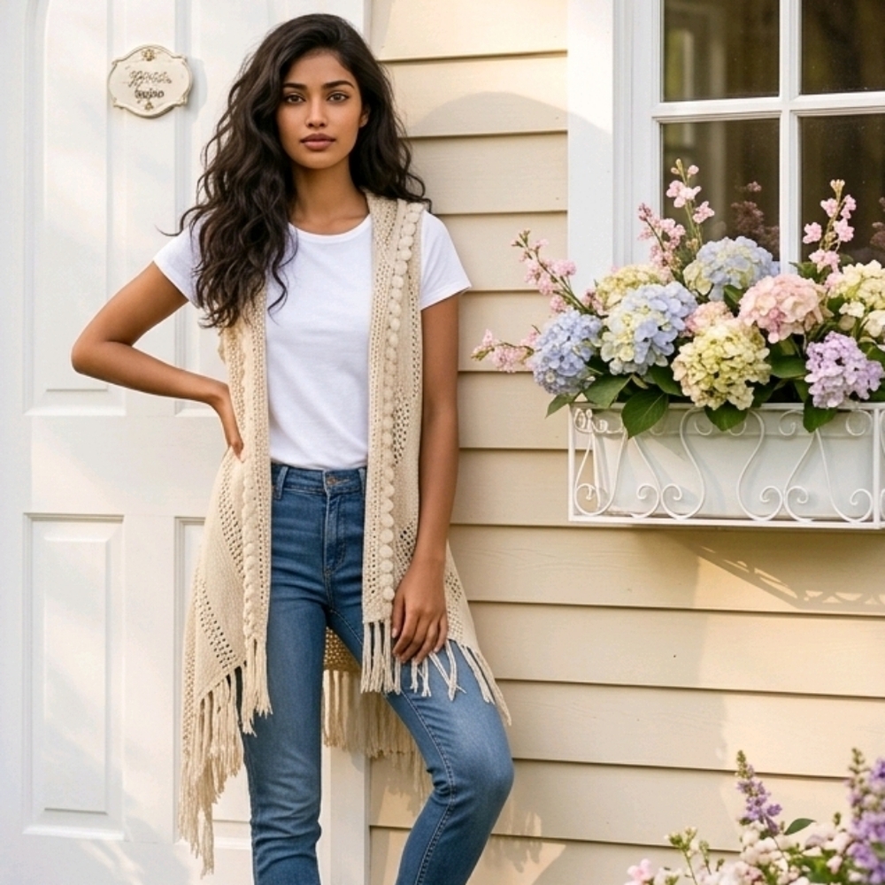 Boho Crochet Fringe Vest Open Knit Long Duster Cardigan One Size Cream Coastal